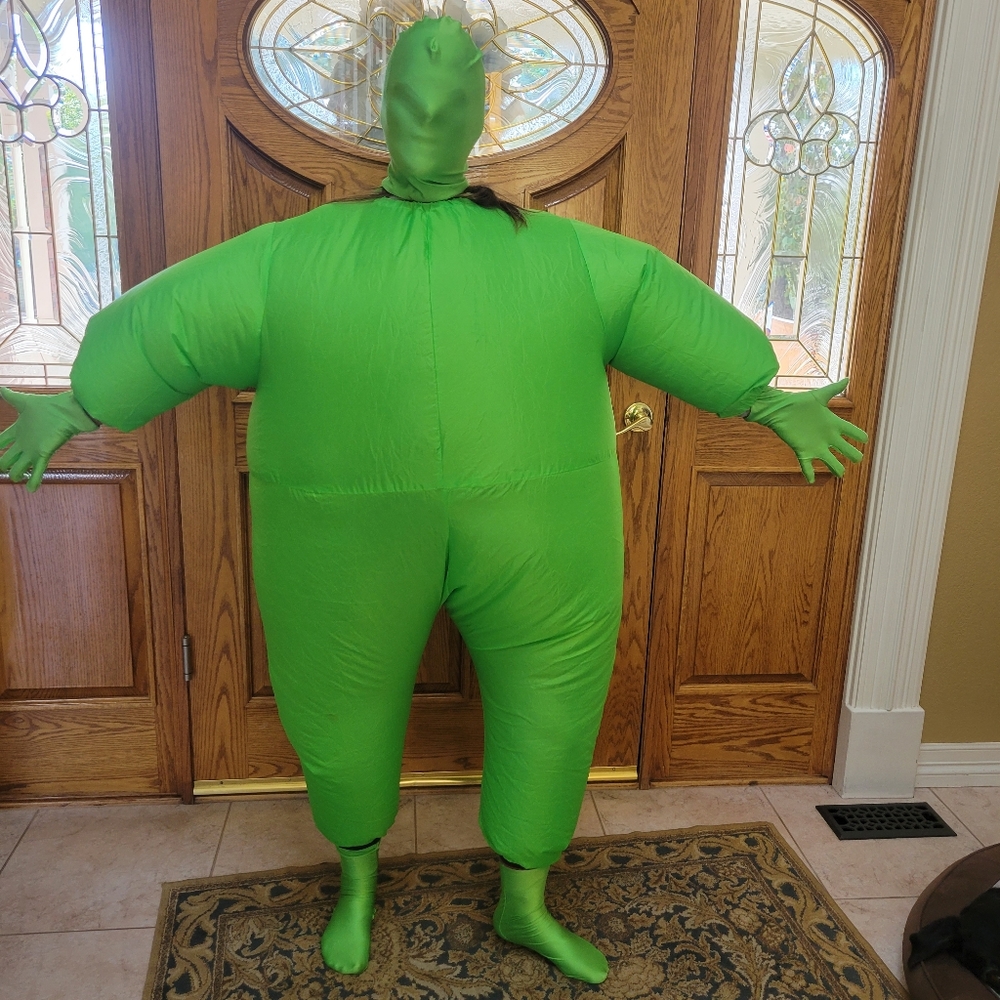 Morph battery inflates full body costume. Mask, gloves, socks Included